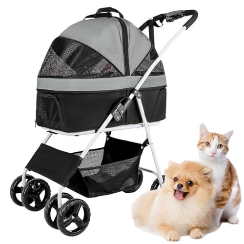 Hundewagen für mittelgroße und kleine Hunde, 3-in-1 Haustier-Kinderwagen, Katzentragetasche, Reisetasche, Reisewagen, Reißverschluss, einfacher Einhand-Faltung, Grau A von XIAOYIWIN