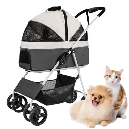 Hundewagen für mittelgroße und kleine Hunde, 3-in-1-Haustier-Kinderwagen, Katzentragetasche, Reisetasche, Reisewagen, Reißverschluss, einfacher Einhand-Faltung, Grau B von XIAOYIWIN