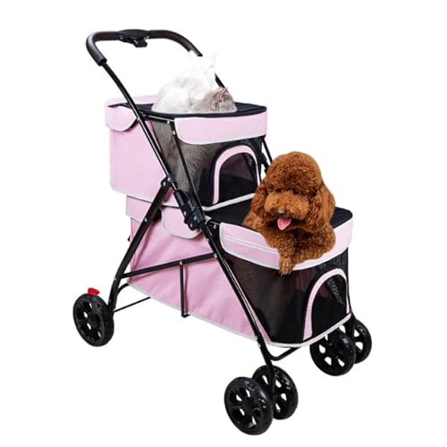 XIAOYIWIN Reiseträger, zweilagiger Kinderwagen for Hunde und Katzen, Doppel-Hundewagen for kleine mittelgroße Hunde, 2-lagiger Hundewagen, Kinderwagen for kleine Hunde, Katzenwagen, Reisewagen(Pink) von XIAOYIWIN