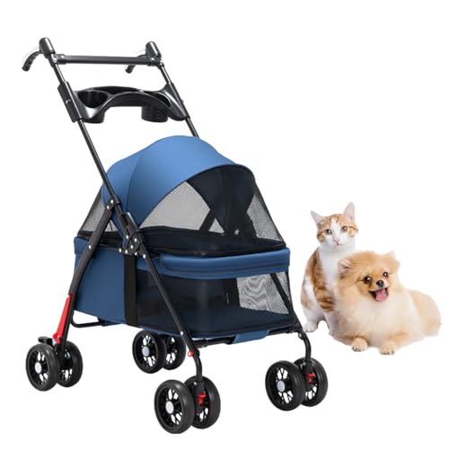 Reisetransporter for kleine Hunde, Haustier-Katzen-Hunde-Kinderwagen mit Getränkehalter-Tablett, Haustier-Kinderwagen, Kinderwagen, Hunde- und Katzen-Kinderwagen, faltbarer Wagen, verstellbarer Griff( von XIAOYIWIN