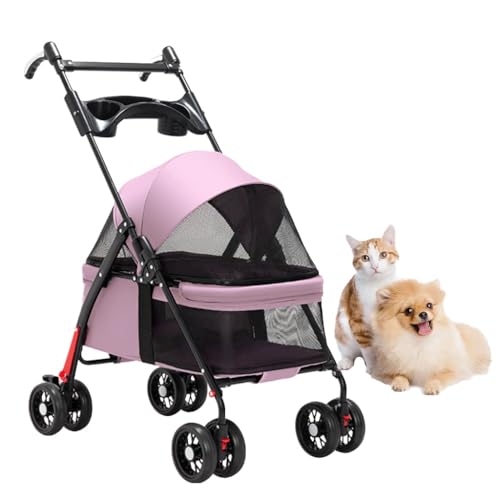 Reisetransporter for kleine Hunde, Haustier-Katzen-Hunde-Kinderwagen mit Getränkehalter-Tablett, Haustier-Kinderwagen, Kinderwagen, Hunde- und Katzen-Kinderwagen, faltbarer Wagen, verstellbarer Griff( von XIAOYIWIN