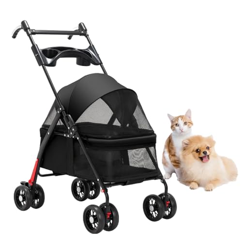 Reisetransporter for kleine Hunde, Haustier-Katzen-Hunde-Kinderwagen mit Getränkehalter-Tablett, Haustier-Kinderwagen, Kinderwagen, Hunde- und Katzen-Kinderwagen, faltbarer Wagen, verstellbarer Griff( von XIAOYIWIN