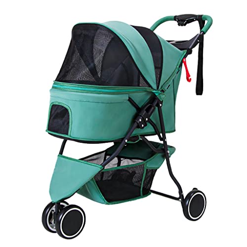 XIAOYIWIN 3-Rad-Hundewagen, Hundewagen for kleine und mittelgroße Hunde, zusammenklappbarer Hundewagen, Katzenwagen, Buggy, Leichter Kinderwagen, Reisewagen, Kinderwagenwagen, langlebige Räder(Green) von XIAOYIWIN