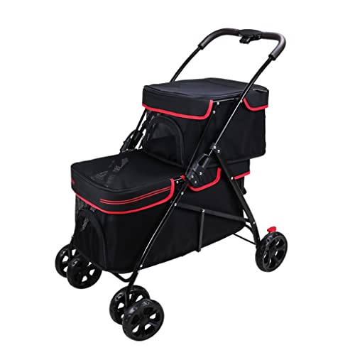 Zweilagiger Kinderwagen for Hunde und Katzen, Reiseträger, Doppel-Hundewagen for kleine und mittelgroße Hunde, 2-lagiger Hundewagen, Kinderwagen for kleine Hunde, Katzenwagen, Reisewagen(Nero) von XIAOYIWIN