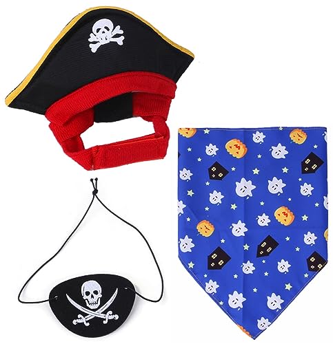 XIAOYU 3 Stück Halloween Hund Pirat Kostüm Set Haustier Pirat Hut Pirat Schädel Dreieck Bandana und Piraten Augenbinde für Hund Katze Halloween Cosplay, Blau von XIAOYU