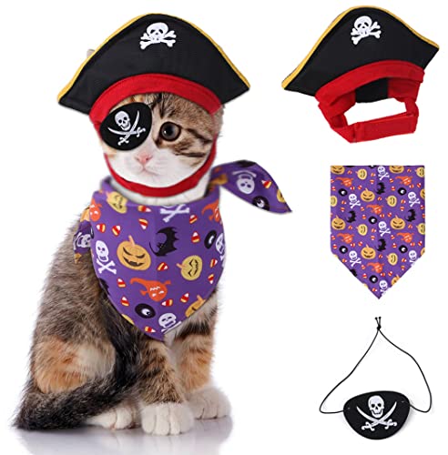 XIAOYU 3 Stück Halloween Hund Piraten Kostüm Set Haustier Piratenhut Piratenschädel Dreieck Bandana und Piraten Augenbinde für Hund Katze Halloween Cosplay, Lila von XIAOYU