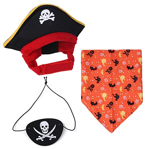 XIAOYU 3 Stück Halloween Hund Piraten Kostüm Set Haustier Piratenhut Piratenschädel Dreieck Bandana und Piraten Augenbinde für Hund Katze Halloween Cosplay, Orange von XIAOYU