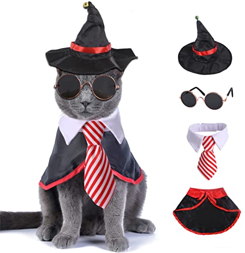 XIAOYU 4 Stück Halloween Hund Kostüme Haustier Krawatte Hexe Umhang Zauberer Hut Katze Brille für Kleine Hunde Katzen Halloween Cosplay Party Dekoration,Rot,S von XIAOYU