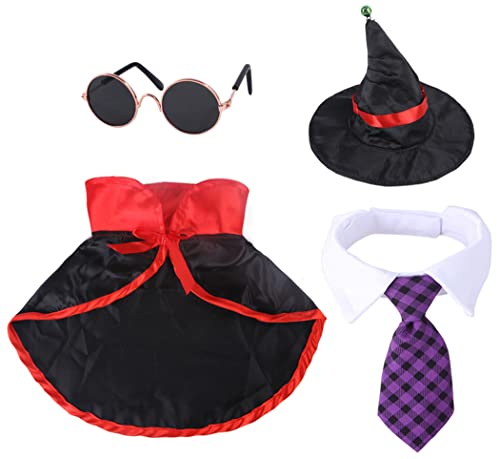 XIAOYU 4 Stück Halloween Hund Kostüme Haustier Krawatte Hexe Umhang Zauberer Hut Katze Brille für kleine Hunde Katzen Halloween Cosplay Party Dekoration,Lila,L von XIAOYU