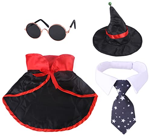 XIAOYU 4 Stück Halloween Hund Kostüme Haustier Krawatte Hexenumhang Zauberer Hut Katze Brille für kleine Hunde Katzen Halloween Cosplay Party Dekoration, Schwarz, L von XIAOYU