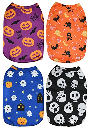 XIAOYU 4 Stücke Halloween Haustier Weste Hundeshirt Halloween Hundekleidung Kürbis Geister Fledermäuse Skelette Muster Hundekostüm für kleine Hunde Katze Halloween Partys Cosplay,S von XIAOYU