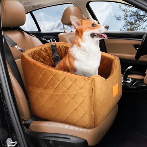 XIEEAOZEE Hunde Autositz für kleine Hunde, Memory Foam Booster Hundesitz für Hunde bis zu 15,9 kg, erhöhter Haustierautositz mit waschbarem, abnehmbarem Bezug, Aufbewahrungstaschen von XIEEAOZEE