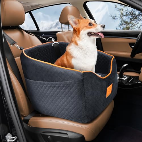 XIEEAOZEE Hunde Autositz für kleine Hunde, Memory Foam Booster Hundesitz für Hunde bis zu 15,9 kg, erhöhter Haustierautositz mit waschbarem, abnehmbarem Bezug, Aufbewahrungstaschen (Schwarz) von XIEEAOZEE