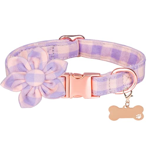 Hundehalsband aus Baumwolle mit Blumenfliege für Mädchen und Hunde, verstellbares kariertes Hundehalsband mit Blume, für Jungen und Mädchen (M, lila + rosa) von XIEJ