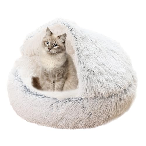 Beruhigendes Katzenbett für Indoor-Katzen, Plüsch-Katzenhaus Katzenzelt Kissen für kleine, mittelgroße und große Haustiere, Donut-Kuschelnest mit rutschfester Unterseite, Katzenkissenkorb, 50 cm, Grau von XIEMINLE