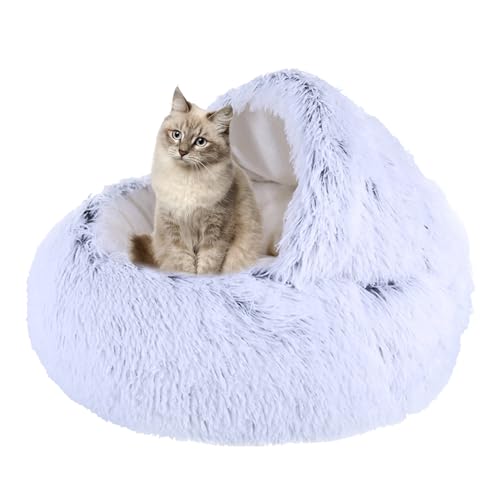 Beruhigendes Katzenbett für Indoor-Katzen, Plüsch-Katzenhaus Katzenzelt Kissen für kleine, mittelgroße und große Haustiere, Donut-Kuschelnest mit rutschfester Unterseite, Katzenkissenkorb, 50 cm, Grau von XIEMINLE