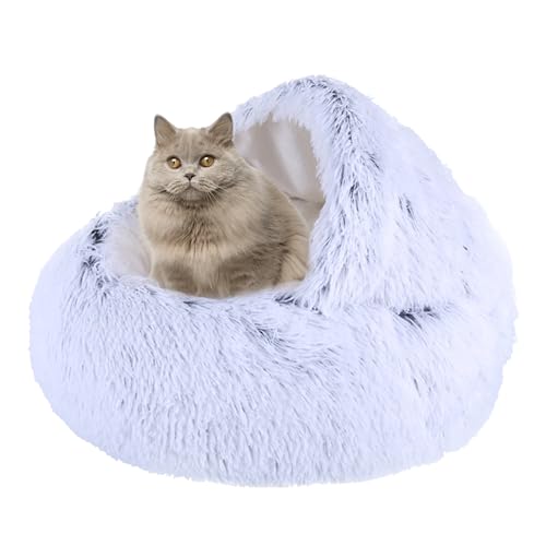 Plüsch Donut Katzenbett Haus, Katze Beruhigendes Bett Haustierkissen, rutschfestes Katzenzeltkissen Kätzchen Welpe Haustierbett, Katzennest Katzenhöhle Schlafbett Katzensofa waschbar, 40 cm, Grau 2 von XIEMINLE