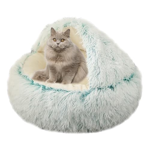 Plüsch Donut Katzenbett Haus, Katze Beruhigendes Bett Haustierkissen, rutschfestes Katzenzeltkissen Kätzchen Welpe Haustierbett, Katzennest Katzenhöhle Schlafbett Katzensofa waschbar, 40 cm, Grün 2 von XIEMINLE