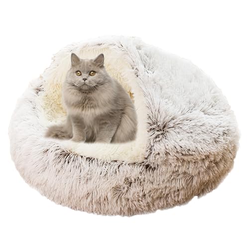 Plüsch Donut Katzenbett Haus, Katze Beruhigendes Bett Haustierkissen, rutschfestes Katzenzeltkissen Kätzchen Welpen Haustierbett, Katzennest Katzenhöhle Schlafbett Katzensofa waschbar, 50 cm, Kaffee1 von XIEMINLE