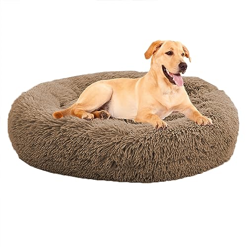 XIEMINLE Dog Beds Beruhigendes Haustierbett für große, mittelgroße und kleine Hunde, Katzen, beruhigendes Donut-Welpenbett, rundes Plüsch-Hundebett, Donut-Kissenbett, Welpenkuschelbett, 120 cm, Khaki von XIEMINLE