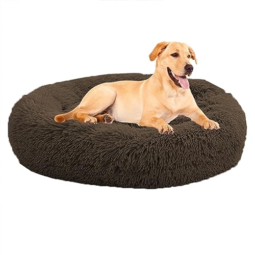 XIEMINLE Dog Beds Beruhigendes Haustierbett für große, mittelgroße und kleine Hunde, Katzen, beruhigendes Donut-Welpenbett, rundes Plüsch-Hundebett, Donut-Kissenbett, Welpenkuschelbett, 150 cm, Kaffee von XIEMINLE