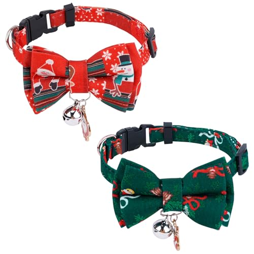 2st Weihnachts Hundehalsbänder, Verstellbare Haustierhalsbänder mit Fliege Haustiere Hunde Fliegenband (Rot, Grün) von XIHIRCD