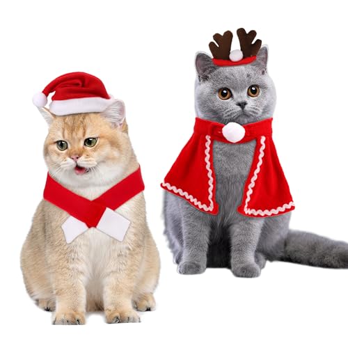 4St Haustier Weihnachtskostüm Set, Verstellbar Haustier Weihnachtskleidung Katzen Weihnachtskostüm Geweih Stirnband Mütze Schal Umhang für Kätzchen Hunde Cosplay Weihnachtsparty Zubehör von XIHIRCD