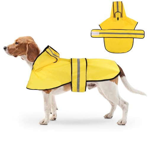 Hunde-Regenmantel mit Kapuze, Verstellbar Hunde-Regenjacke mit Reflektierendem Streifen Gelb Wasserdichter Welpen-Poncho für Kleine Mittelgroße Große Hunde (L) von XIHIRCD