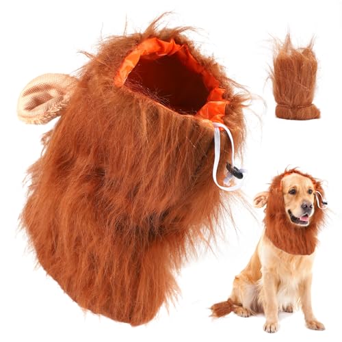 Hundekostüm mit Löwenmähne, Realistische Mähne mit Ohren Verstellbare Löwenmähne Perücke Lustige Hundekopfbedeckung für Haustiere Halloween Geburtstags Party Cosplay Bekleidung (Größe L) von XIHIRCD