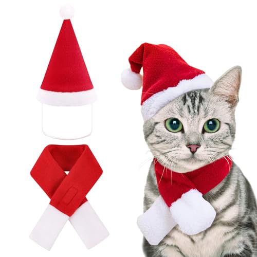 XIKTTK Katzen Hunde Weihnachtskostüm, Weihnachtsmütze Katze, Katzenkostüm Weihnachten, Hund Weihnachtsmütze, Kleine Weihnachtsmützen Katze Schal, für Welpen Kätzchen Weihnachten Party Kostüm von XIKTTK