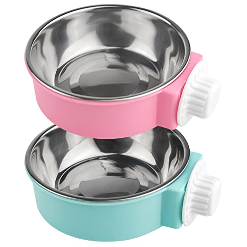 XINMEIWEN 2Pack Vogelfütterung Dish Cup Edelstahl Haustier Schüssel abnehmbar Hanging Pet Food Water Feeder Cup perfekt für Katze Welpen Vögel Ratten Frettchen (Pink + Blau) von XINMEIWEN