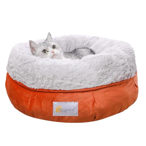 XINSOURCE Kuscheliges rundes Haustierbett, Katzenbett, Hundebett, weiches Plüsch-Innenfutter, extra Unterstützung, rutschfest, maschinenwaschbar, Grau + Orange, Größe S von XINSOURCE