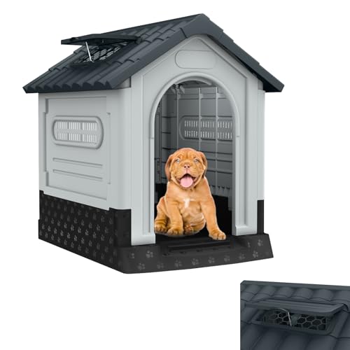 XINZI Hundehütte aus Kunststoff, wasserdichte & UV-beständige Hundehöhle mit Tür und Oberlicht, Hundehaus mit erhöhtem Boden, Isoliertes Haustierhaus für Drinnen und Draußen, 65 x 56,5 x 67 cm von XINZI