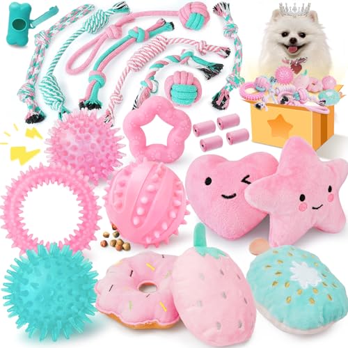 XIUGOAL Pink Puppy Toys for Langeweile - 14 Pack Puppy Chew Toys for Teething, Interactive Dog Toys for Puppies, Cute Small Dog Toys with Treat Ball, Squeaky Dog Chew Toys and Ropes von XIUGOAL