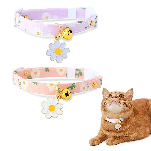 XIXKOLYU® 2er-Pack abreißbares Katzenhalsband aus Baumwolle mit Glöckchen, rosa und lila Blumenanhänger, süßes Katzenhalsband, Kätzchenhalsband, ideal für Katzen von XIXKOLYU