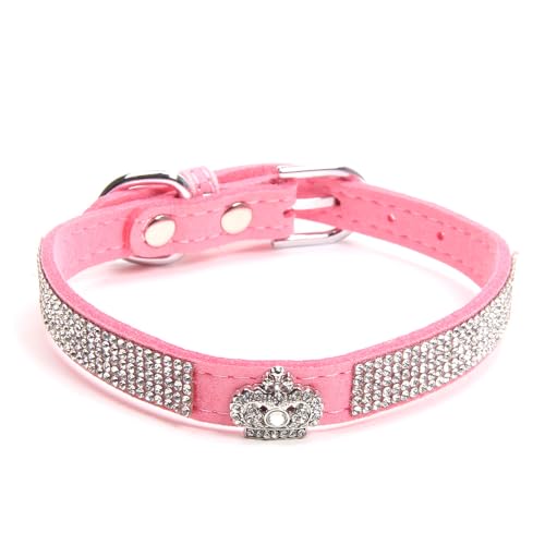 XKSRWE Hundehalsband für Hunde und Katzen, glitzernde Strass-Krone, Kunstleder, verstellbare Haustier-Halskette für Chihuahua, Yorkie (M, Rosa) von XKSRWE