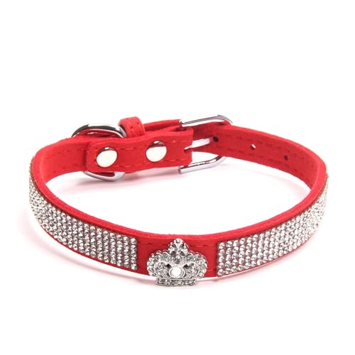 XKSRWE Hundehalsband für Hunde und Katzen, glitzernde Strass-Krone, Kunstleder, verstellbare Haustier-Halskette für Chihuahua, Yorkie (XS, Rot) von XKSRWE