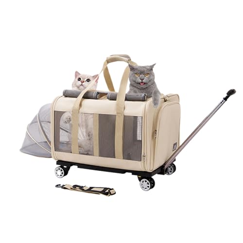Katzentragetasche für Zwei Katzen zusammen, erweiterbarer Hundetragerucksack mit Rädern, Katzentragetasche mit Teleskopgriff, Aufbewahrung (Farbe: Beige) von XLLZPX