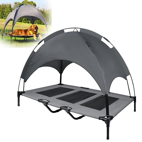 XMTECH Haustierbett mit Baldachin, Erhöhtes Hundebett, Hundeliege mit Eisenrahmen, Hundeliegeplatz aus Stoff, Atmungsaktiv,Katzenliege Katzenbett,für Indoor & Outdoor - 122 x 92 x 102 cm von XMTECH