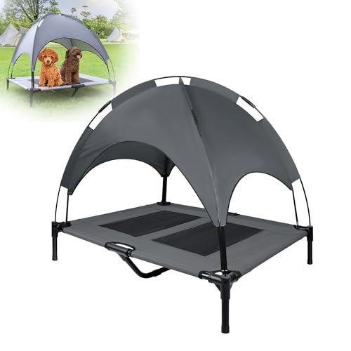 XMTECH Haustierbett mit Baldachin, Erhöhtes Hundebett, Hundeliege mit Eisenrahmen, Hundeliegeplatz aus Stoff, Atmungsaktiv,Katzenliege Katzenbett,für Indoor & Outdoor - 92 x 76 x 92 cm von XMTECH