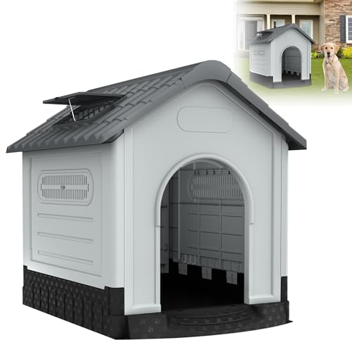 XMTECH Hundehütte Haustierhaus aus Kunststoff, Wasserdicht & UV-beständig, Hundehaus mit erhöhtem Boden/Lüftungsöffnungen/Oberlicht, Grau (L 105 x B 89 x H 99 cm) von XMTECH