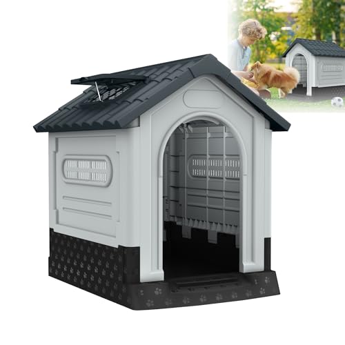 XMTECH Hundehütte Haustierhaus aus Kunststoff, Wasserdicht & UV-beständig, Hundehaus mit erhöhtem Boden/Lüftungsöffnungen/Oberlicht, Grau (L 65 x B 56.5 x H 67 cm) von XMTECH