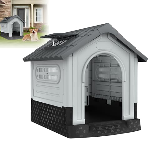 XMTECH Hundehütte Haustierhaus aus Kunststoff, Wasserdicht & UV-beständig, Hundehaus mit erhöhtem Boden/Lüftungsöffnungen/Oberlicht, Grau (L 79.5 x B 70.5 x H 78 cm) von XMTECH