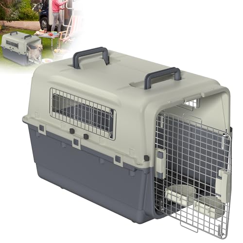 XMTECH Hundetransportbox Transportbox Flugzeugbox für Tiere, Reisebox für Hunde, mit Futterkorb, Sicherheitsverriegelung & Lüftungsgitter, L 80 x B 57 x H 70 cm von XMTECH