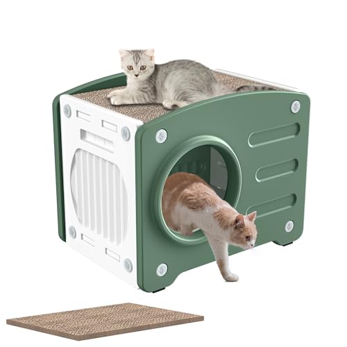 XMTECH Katzenhaus Indoor Outdoor, PP Katzenhöhle mit Katzen kratzbrett, Katzenbett Katzentonne, Katzenbett Höhle, katzenhaus für draussen, 90KG Tragfähigkeit, 55 x 40 x 46 cm, Grün von XMTECH