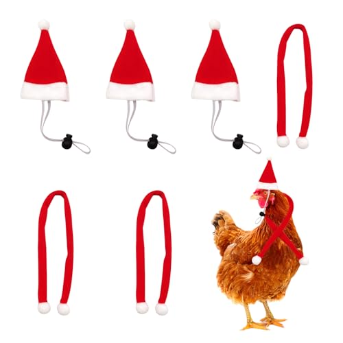 XNHIU 6-teiliges Weihnachtshut-Set mit Huhnmütze, Schal, Mini-Weihnachtsmannmütze, Tiermütze, Kleintiermütze, Kostüm-Set, Partyzubehör für Henne, Ente, Hamster von XNHIU