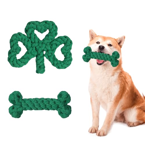 XNHIU St. Patricks Day Hundespielzeug aus Seil, Knochen, interaktives Hundespielzeug, grünes Kleeblatt-förmiges Seil, Kauspielzeug für Haustierbedarf, 2 Stück von XNHIU