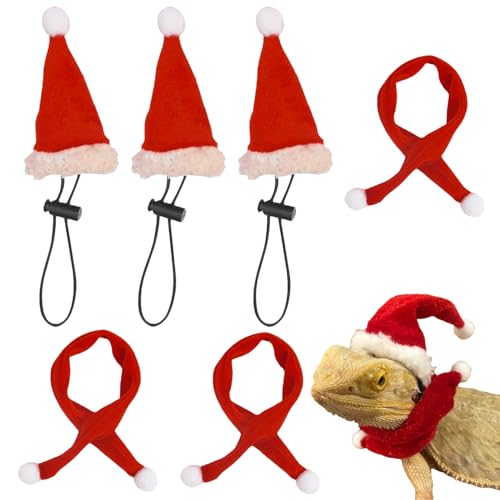 XNHIU Weihnachtsmütze und Schal für Haustiere, Bartdrache, Eidechse, 6-teiliges Set, niedliches Weihnachts-Outfit für kleine Tiere von XNHIU