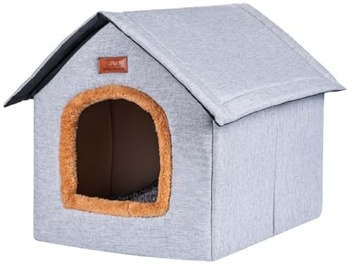 XNSHUN Katzenhaus Outdoor Winterfest, Katzenhöhle Faltbares Outdoor Hundehaus Hundehütte Hundehöhle, Outdoor Pet House Haustierhaus Mit Abnehmbarem Kissen Für Kleine Hund Katze (L,Hellgrau) von XNSHUN