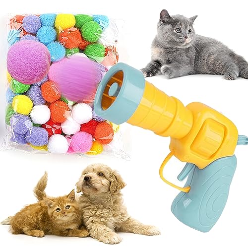 XPJBKC 100 Stück Katzenspielzeug Bälle mit Ballwerfer, Interaktives Katzen Spielzeug, Katzenspielzeug Pompom, Interaktives Launch-Training, für Indoor Katzen Training Verfolgungsjagd, Gelb von XPJBKC